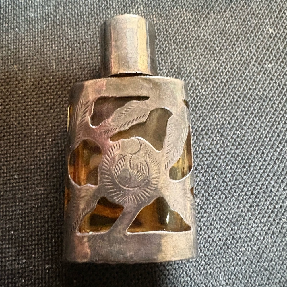 2”x1” Perfume Bottle 925 Sterling Silver Lace Design Over Glass Mexico Vintage